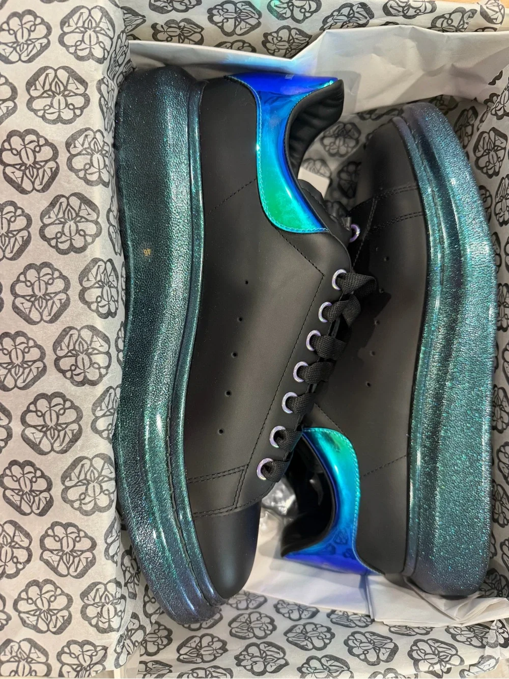 Alexander McQueen Black Sneakers with Iridescent Blue-Green Heel